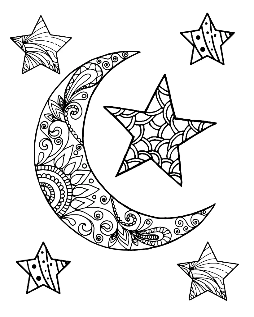 Moon and Stars Coloring Page