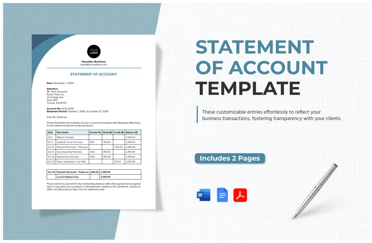 Account statement template in excel, google sheets download printable coloring page