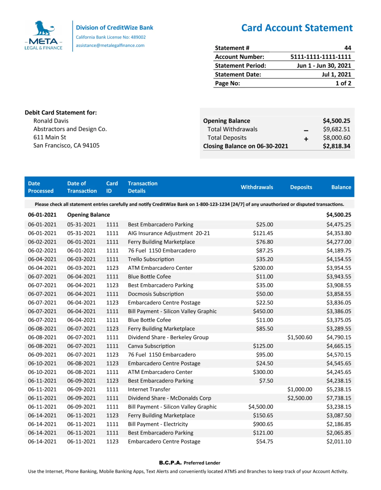 Account statement printable coloring page