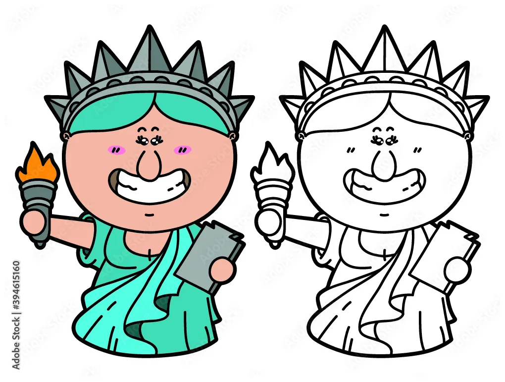 Vector illustration coloring page of happy cartoon Statue of Liberty