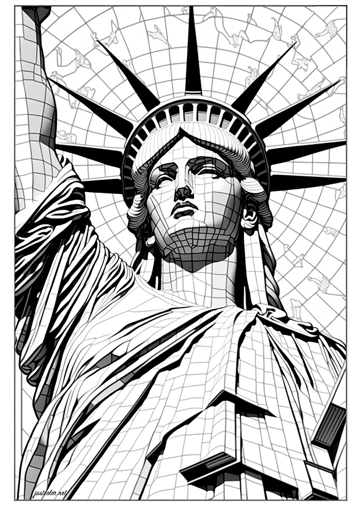 Statue of Liberty and geometric facets - New York Coloring Pages - Page
