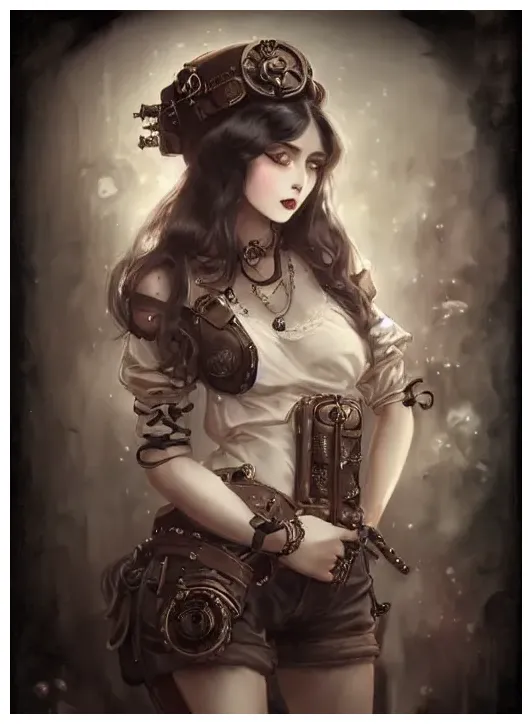Daguerreotype of beautiful steampunk girl, white skin, stable