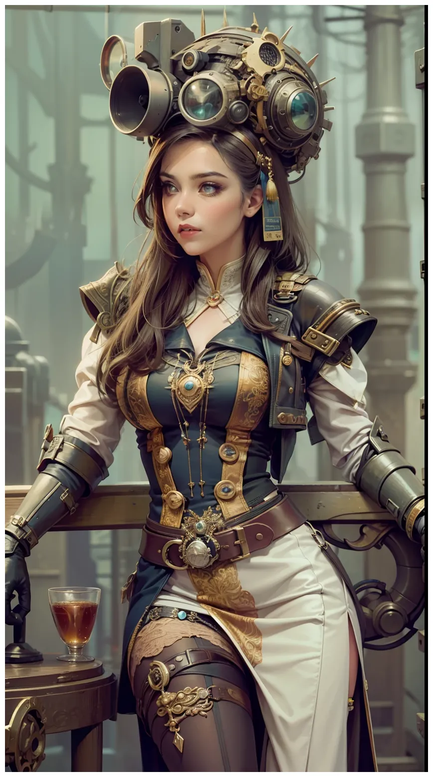 Beautiful woman in insanely intricate retro-futuristic steampunk outfit