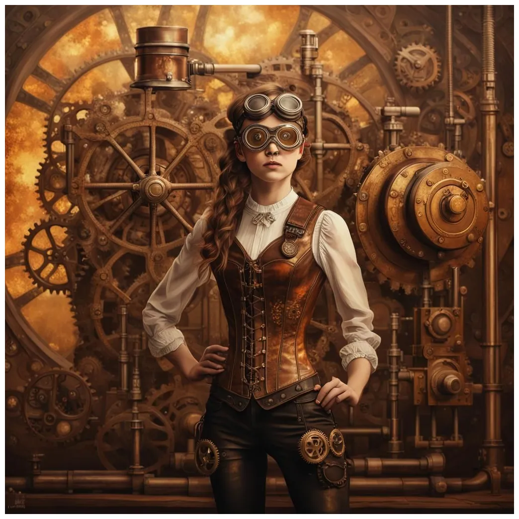 A girl steampunk girl in leather corset with gears
