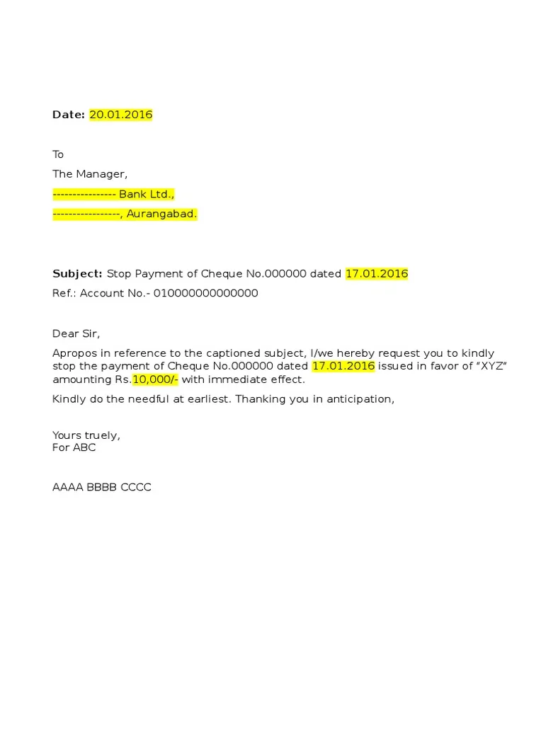 Looking good info about stop payment of cheque letter format a good