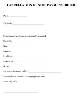 Cancellation of stop payment order letter small business free forms