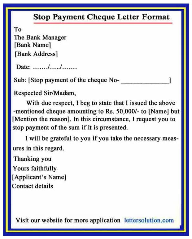 Stop payment cheque letter with format and sample » letter solution