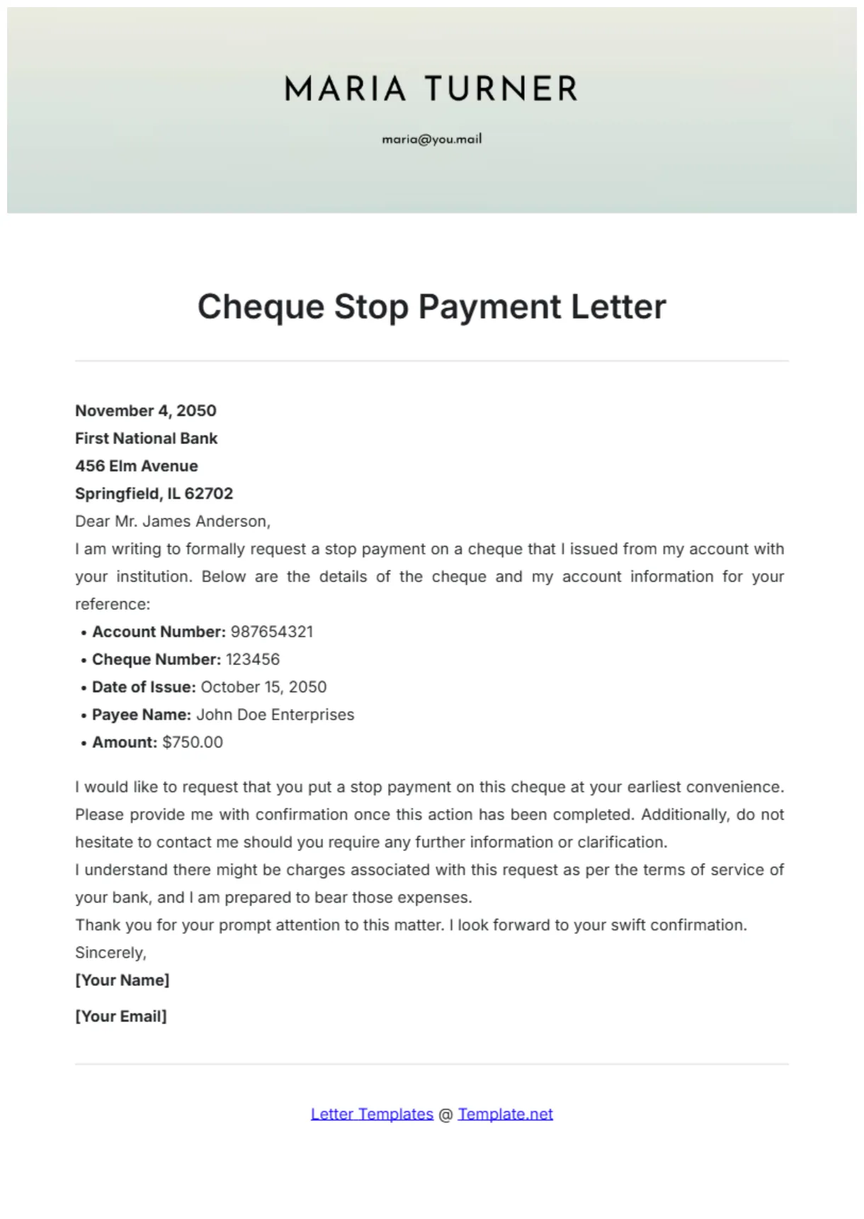 Stop payment of lost cheque letter format infoupdate
