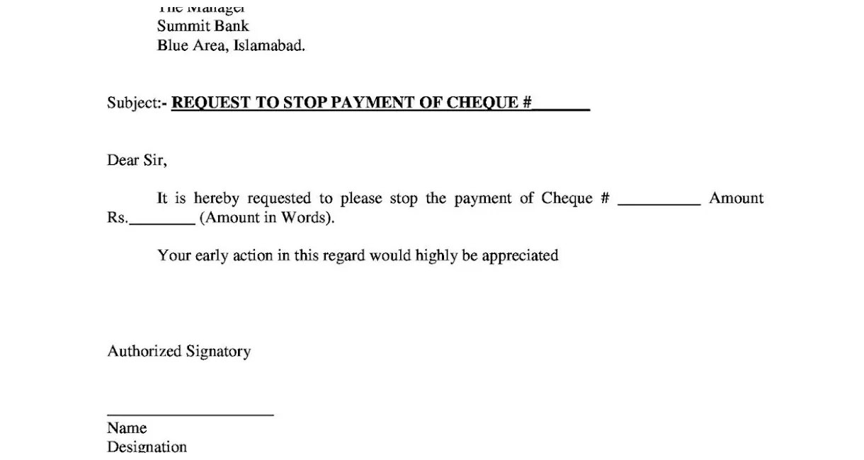 Request letter to stop payment of cheque
