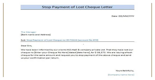 Request letter for stop payment of cheque assignment point