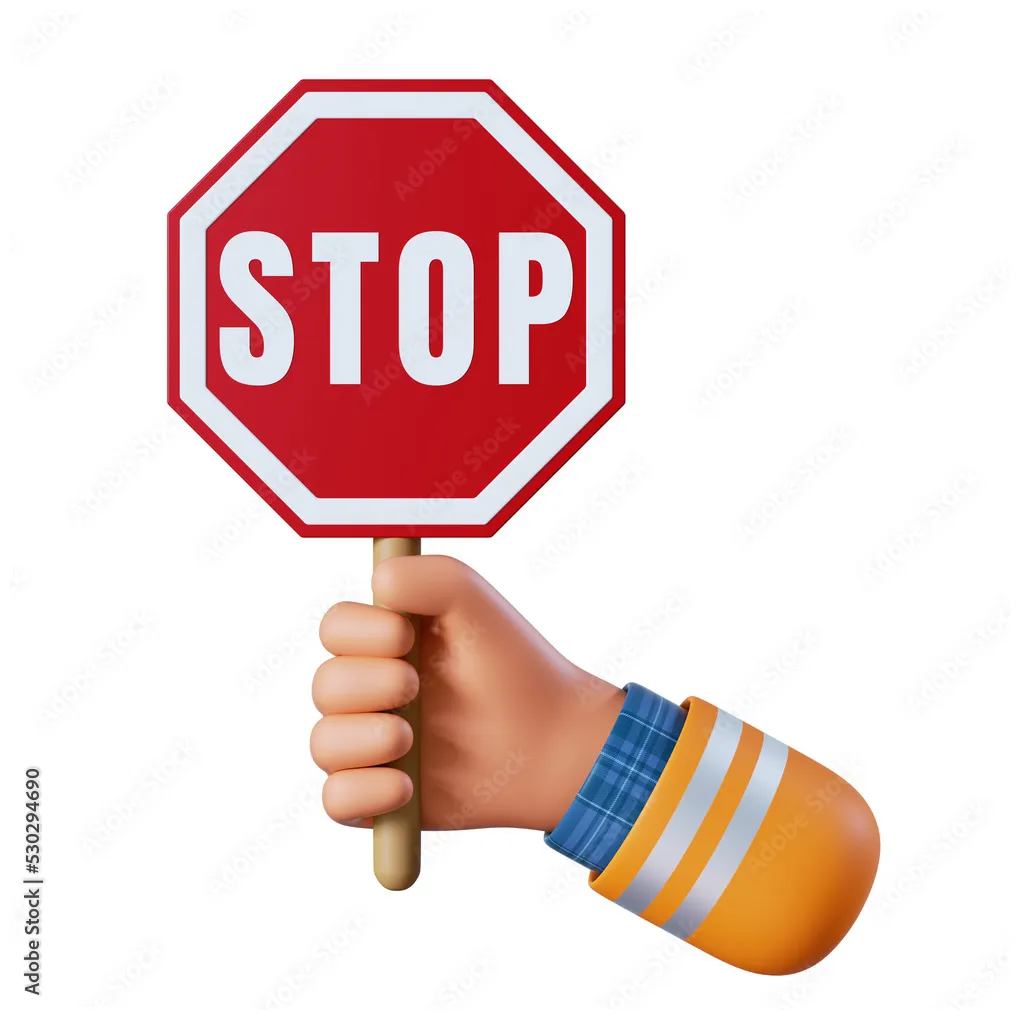 3d render, cartoon human hand holds stop sign. Warning icon. Safety
