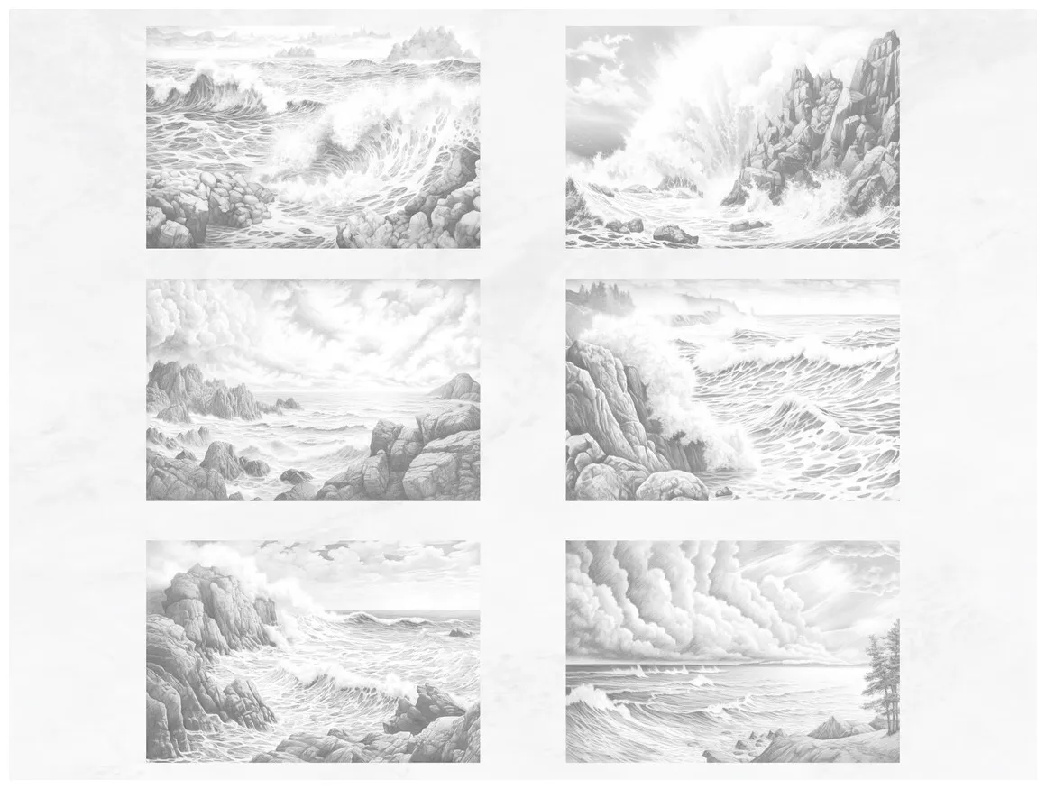 10 coloring pages stormy sea landscapes grayscale download now etsy