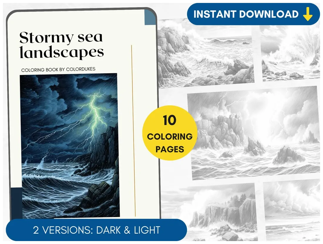 10 coloring pages, stormy sea landscapes grayscale adult coloring book