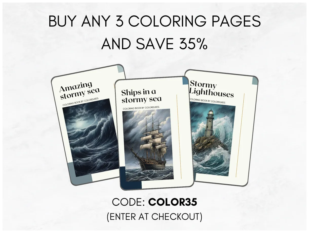 10 coloring pages, stormy sea landscapes grayscale adult coloring book