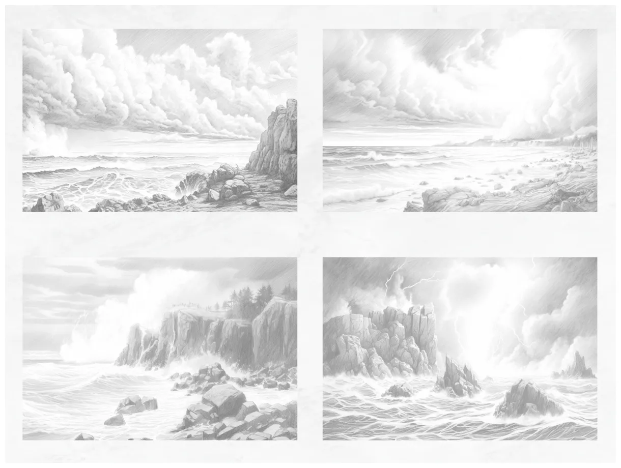 10 coloring pages, stormy sea landscapes grayscale adult coloring book