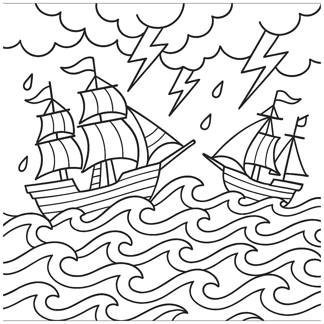 Sailing ships in a stormy sea free coloring page printable coloring page