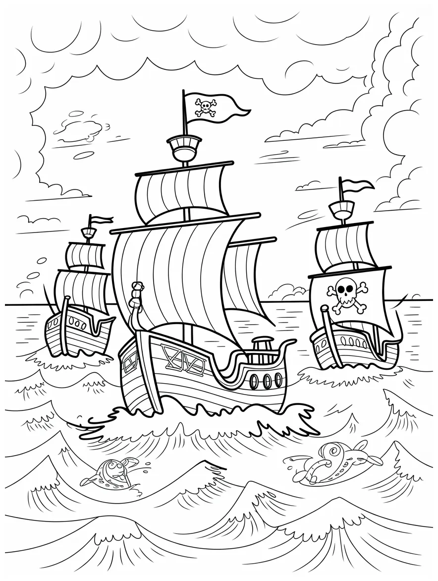 Stormy sea adventure with pirate wind ships free coloring page