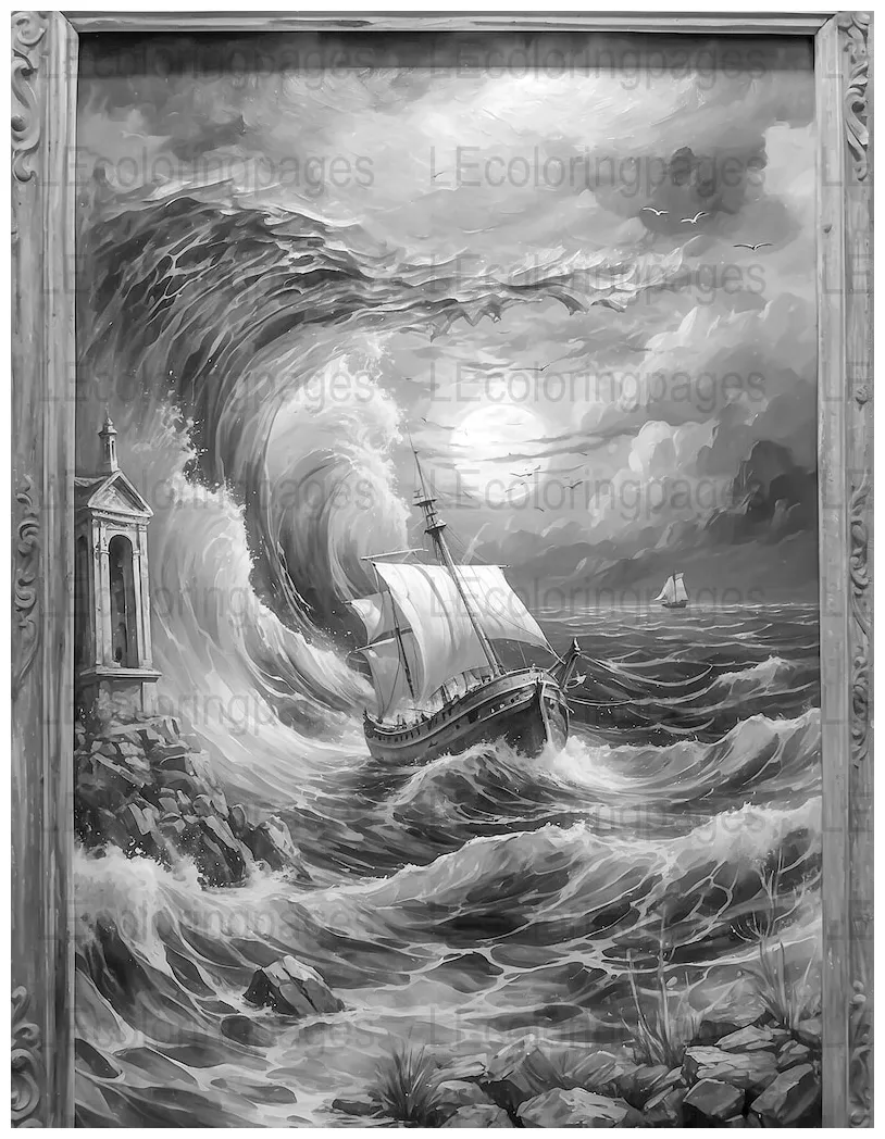 Stormy sea ship grayscale coloring page, printable adult stress relief