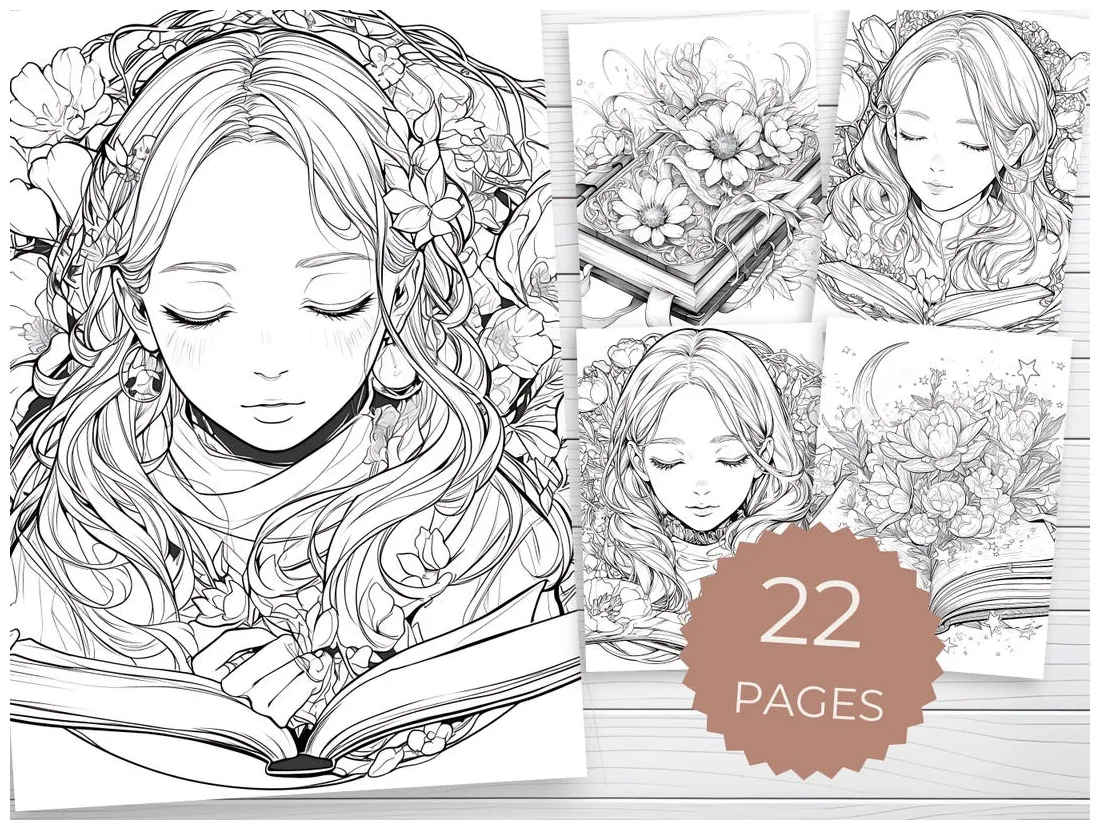 Storyteller coloring pages serene, peaceful reading girl high