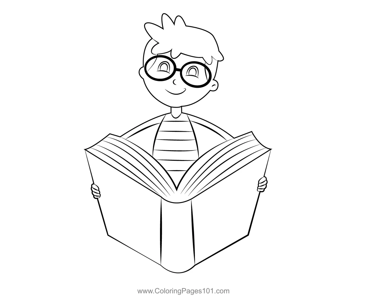 Boy reading book coloring page for kids free back to school printable