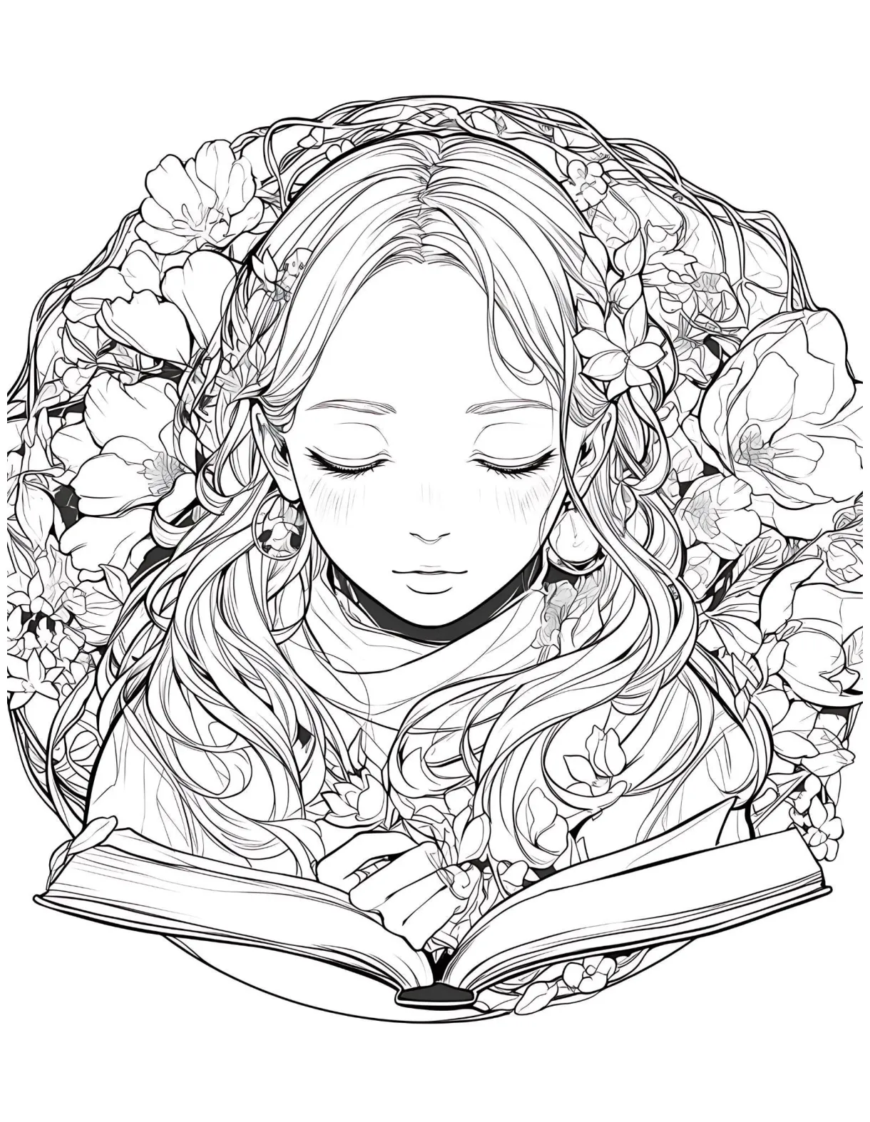 Storyteller coloring pages serene, peaceful reading girl high