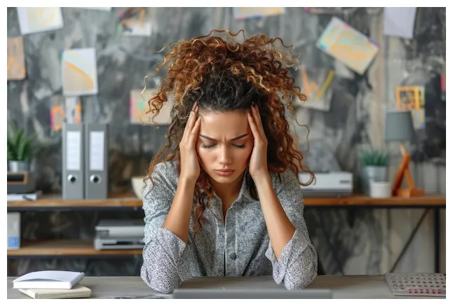 Une femme stressée au bureau, submergée par le travail et les délais printable coloring page