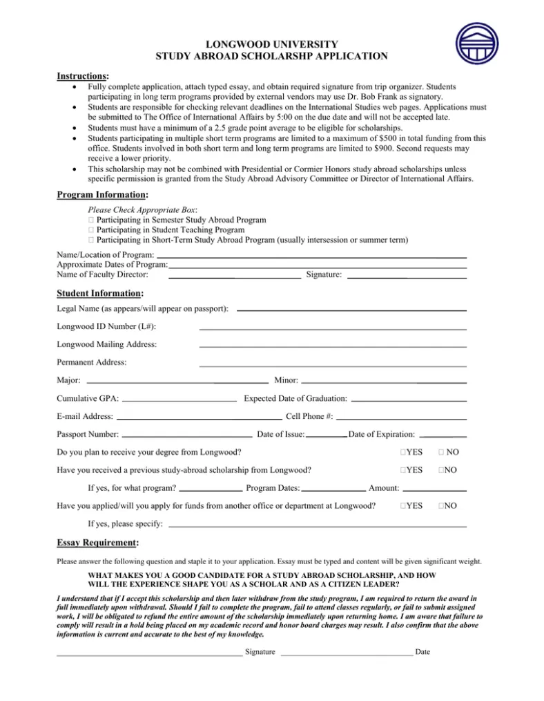 Longwood university study abroad scholarship application