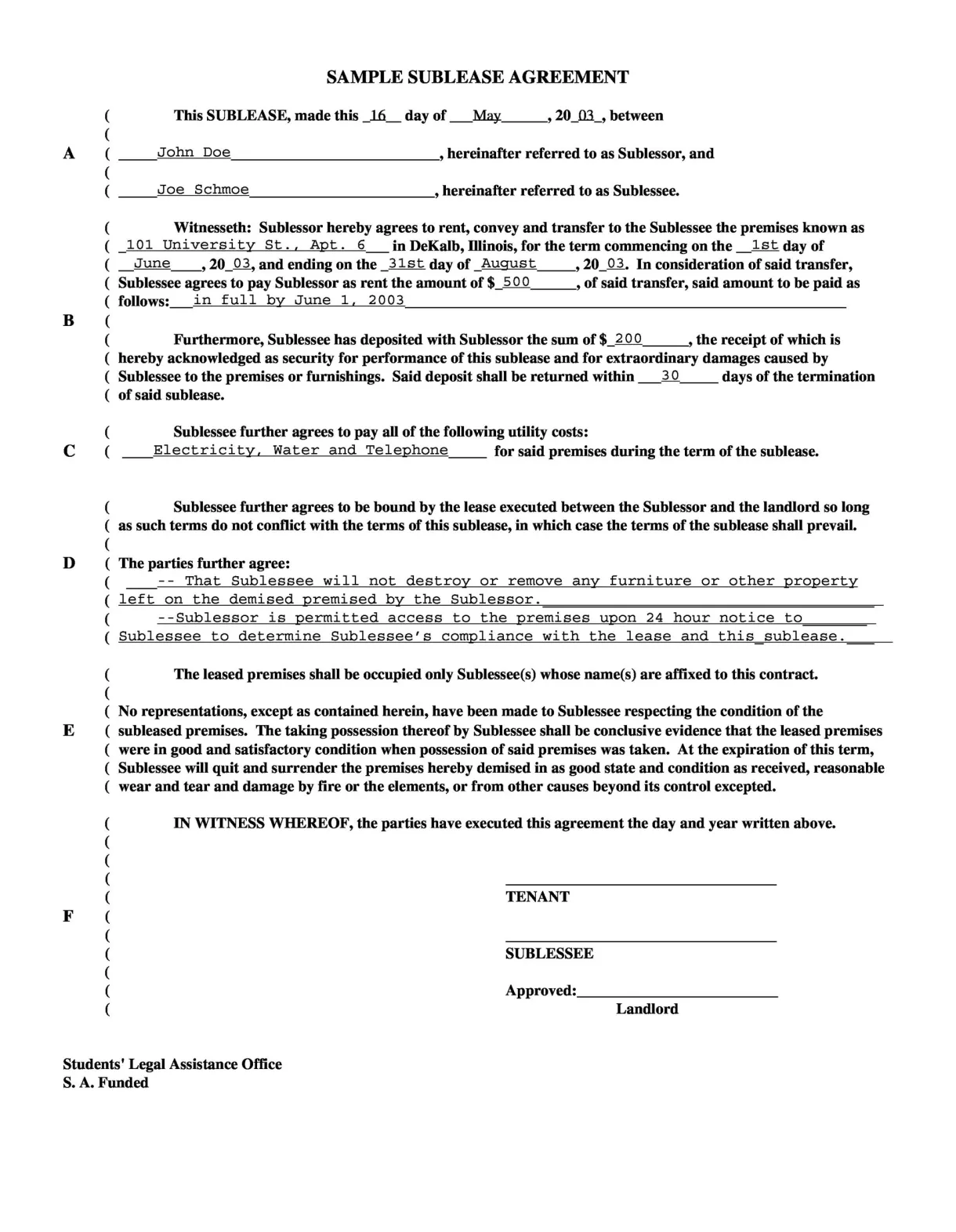 Sublease contract template