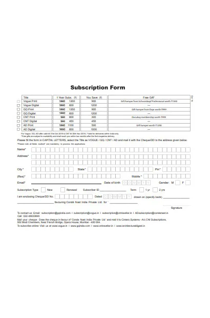 FREE 52+ Subscription Forms in PDF | MS Word | Excel