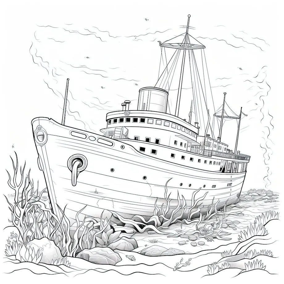 Premium vector a sunken ship on the ocean floor kids coloring book page