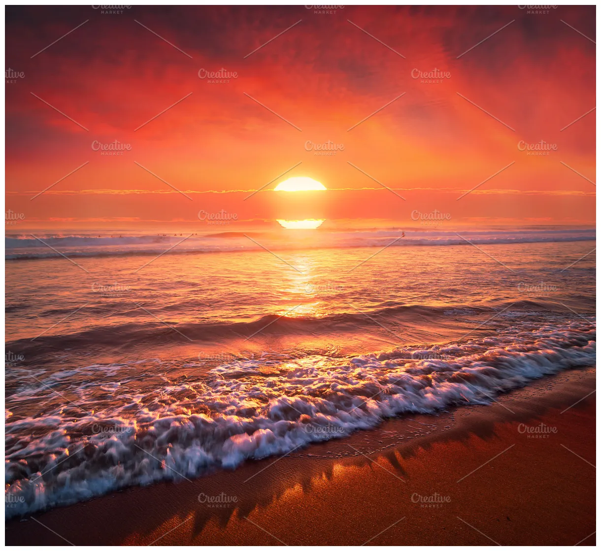 Beautiful red sunset on beach nature s ~ creative market