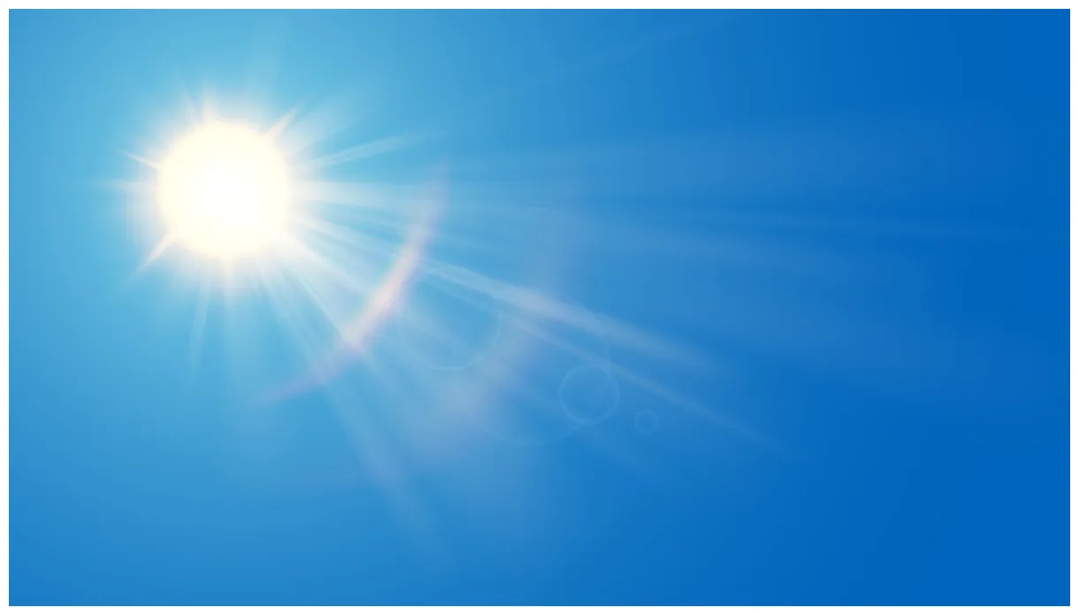 Sun in blue sky. bright warm sun and lens flare in clear summer sky printable coloring page