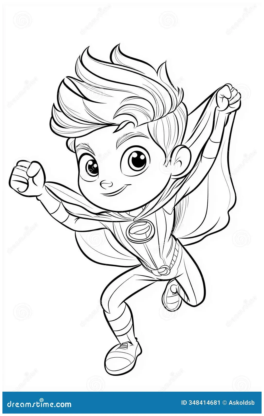 Flying superhero coloring page for kids stock illustration