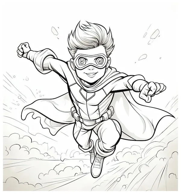 Premium AI Image | kid in a superhero outfit flying coloring page for