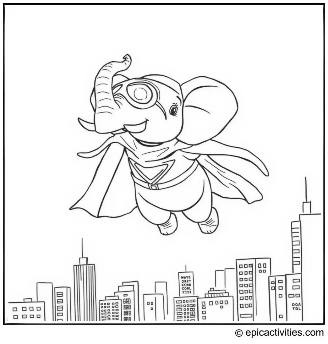 Coloring page of Elephant Dressed as a Superhero Flying Over a Simple