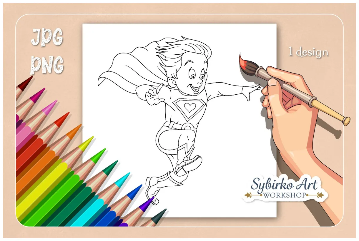 Superhero Flying Coloring Page Graphic by Sybirko Art Workshop