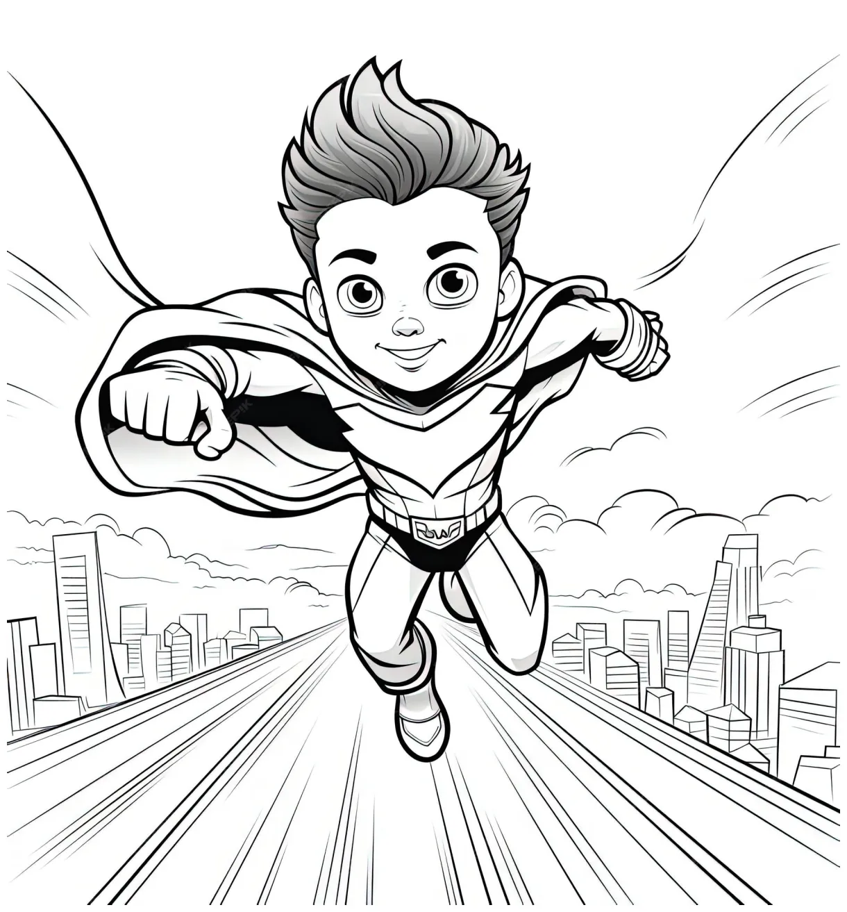 Premium Photo | Kid in a superhero outfit flying coloring page for kids
