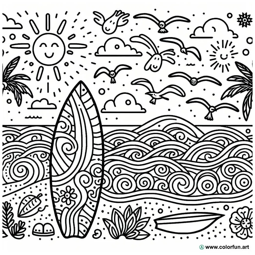 Coloring page of a surfboard download or print for free