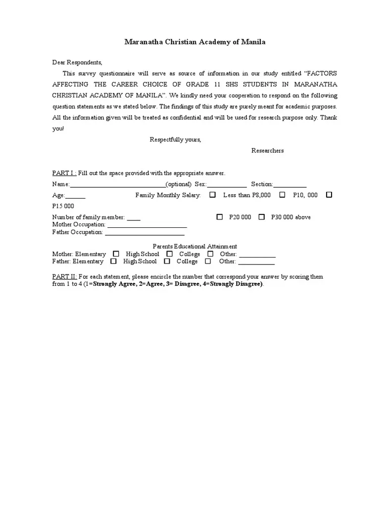 Sample survey questionnaire pdf