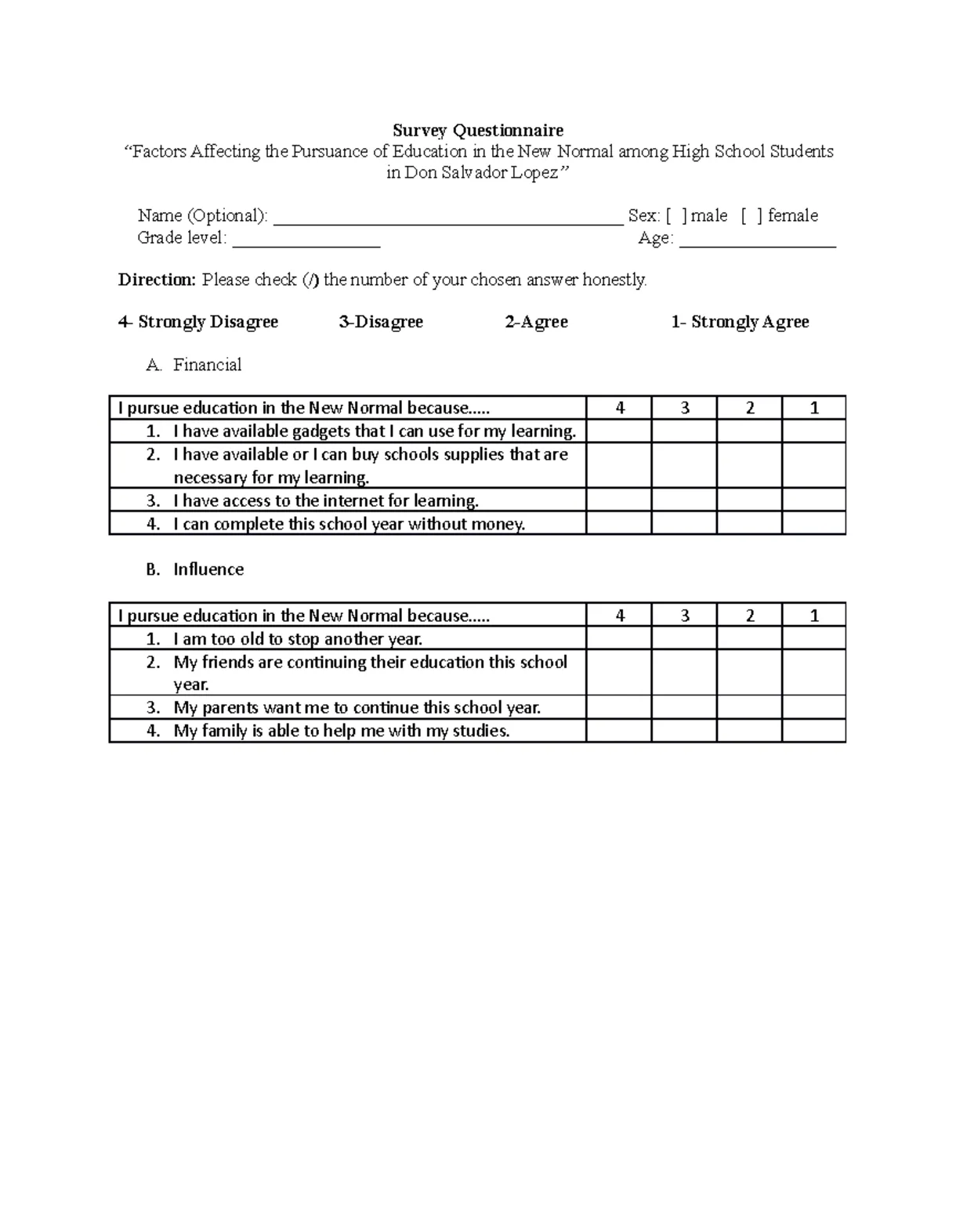 Questionnaire Sample Filipino Thesis Questionnaire Sample - Thesis
