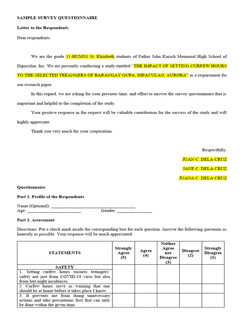 Sample survey questionnaire download free pdf questionnaire