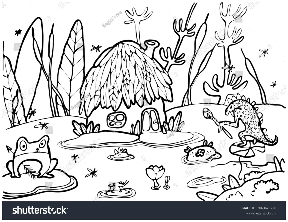 Coloring page depicting scene swamp frogs stock vector