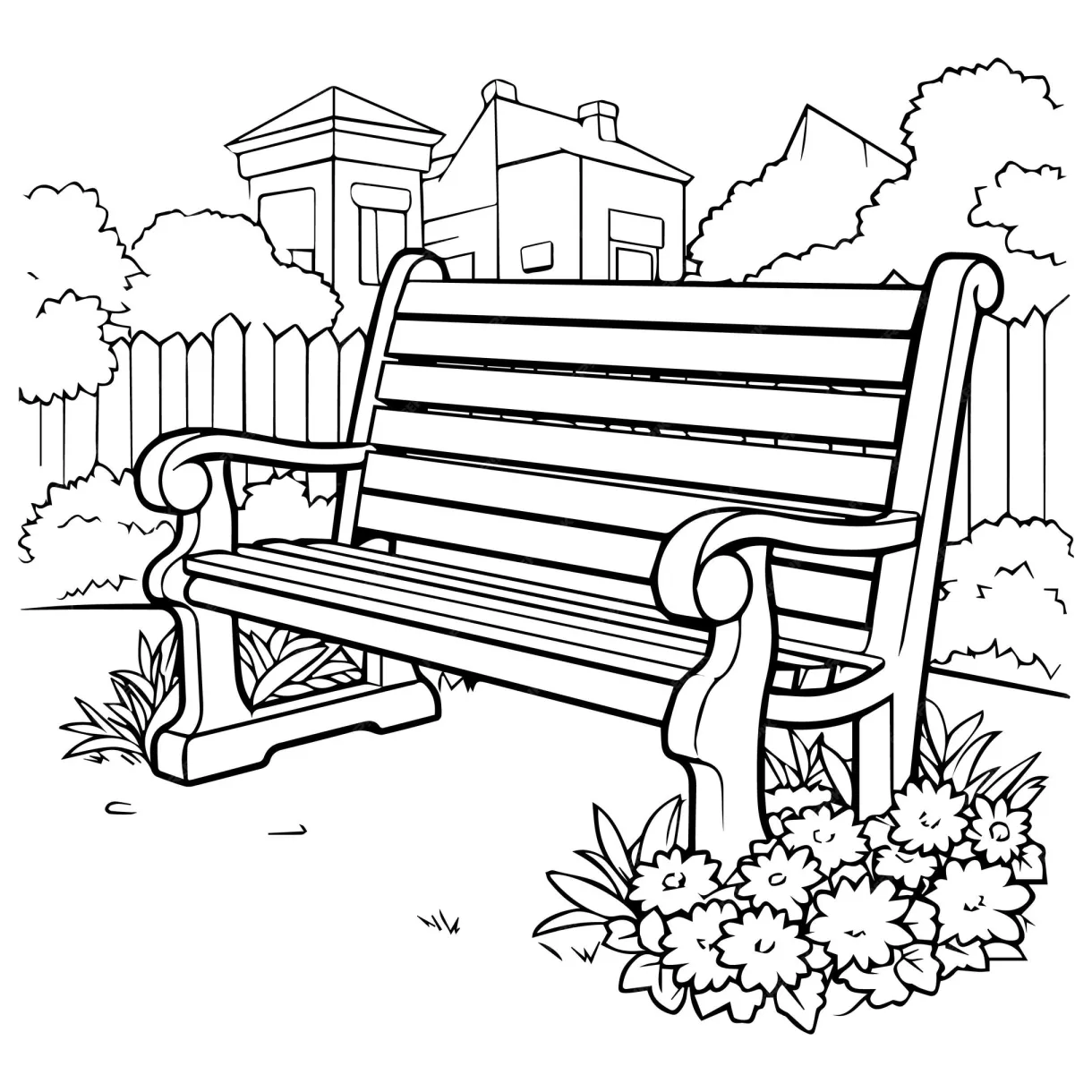 Premium vector bench and flowers coloring page illustration vector on