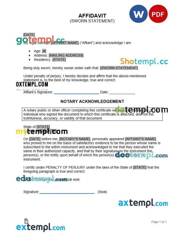 Affidavit sworn statement example, word and pdf format