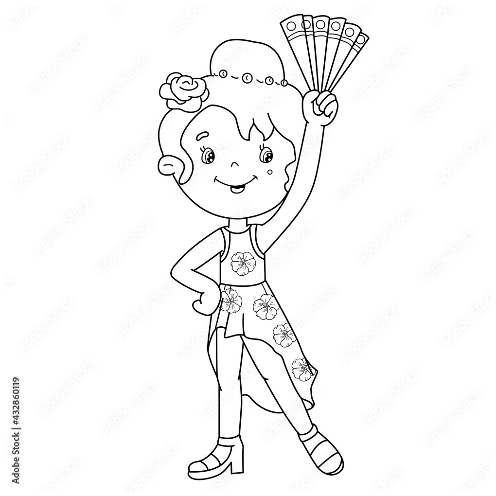 Coloring page outline of cartoon girl dancing spanish tango. coloring