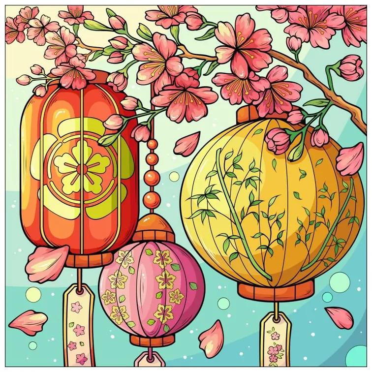 Retro illustration of lanterns hanging from a tree