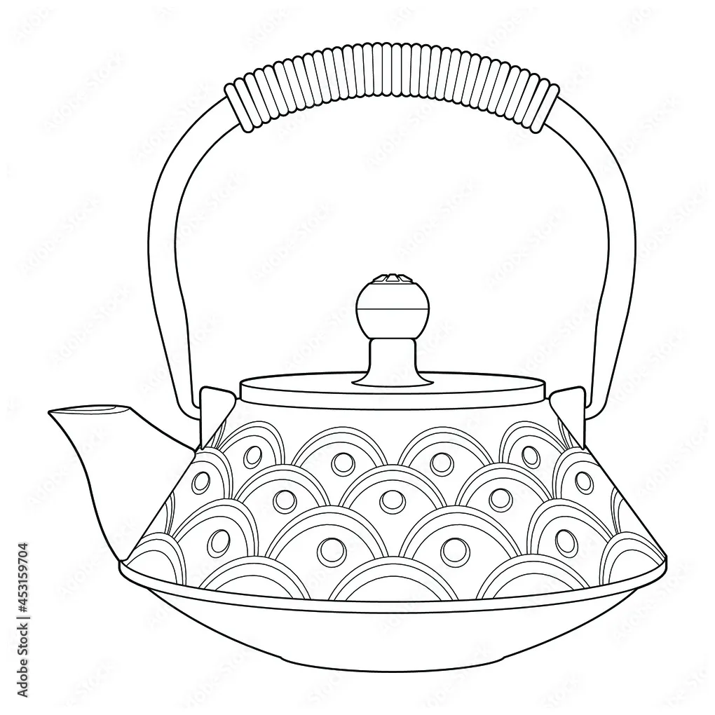 Cast iron teapot. dishes for the chinese tea ceremony. coloring page