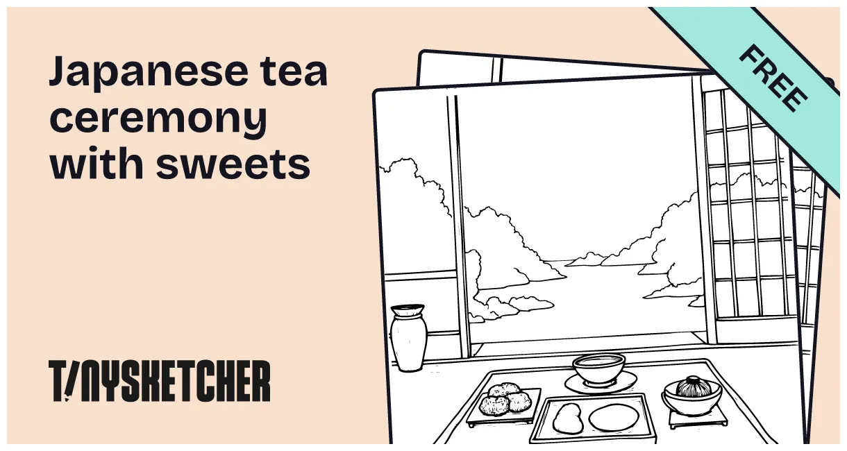 Japanese tea ceremony with sweets coloring page free printables
