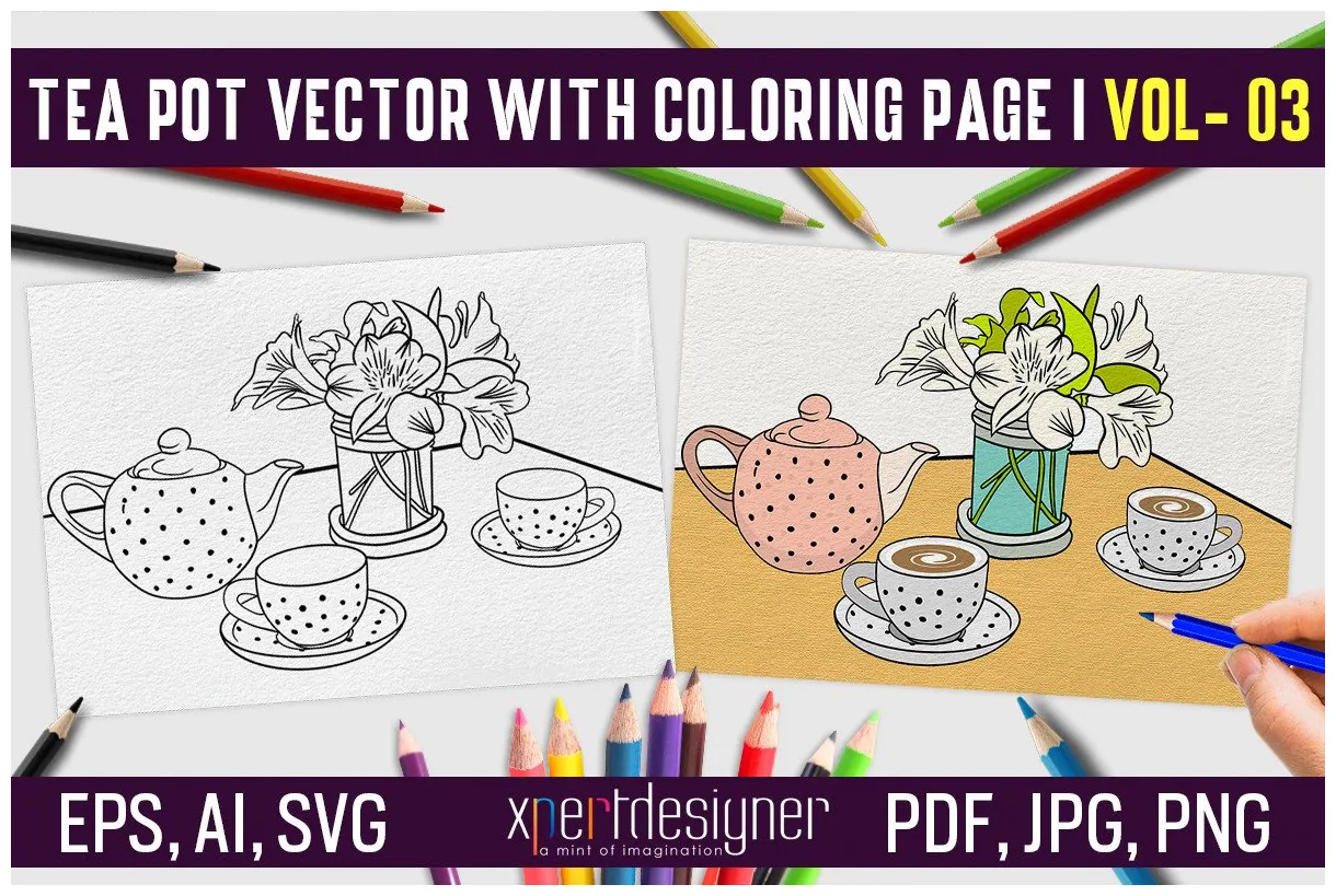 Tea Pot Vector with Coloring Page - 03 Graphic by XpertDesigner