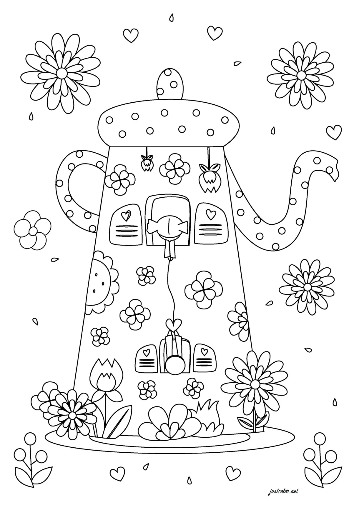 Teapot House - Flowers & vegetation Coloring Pages for adults